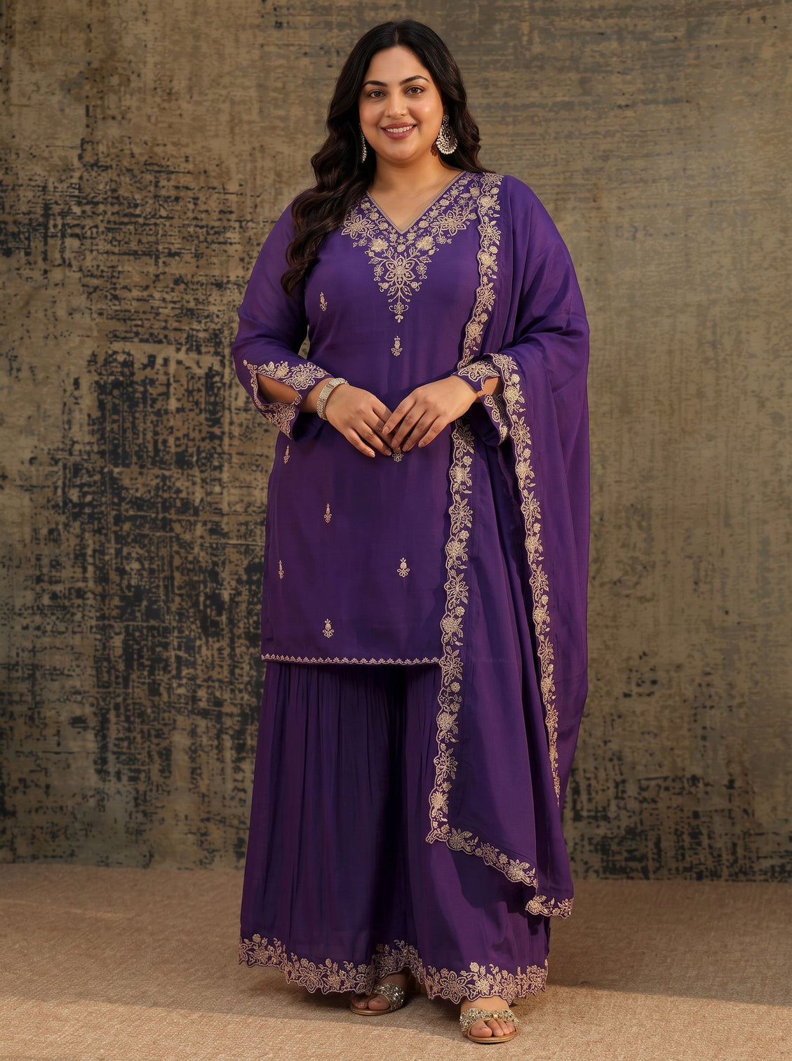 Plus Size Aubergine Purple Floral Embroidered Chanderi Cotton Palazzo Suit Set
