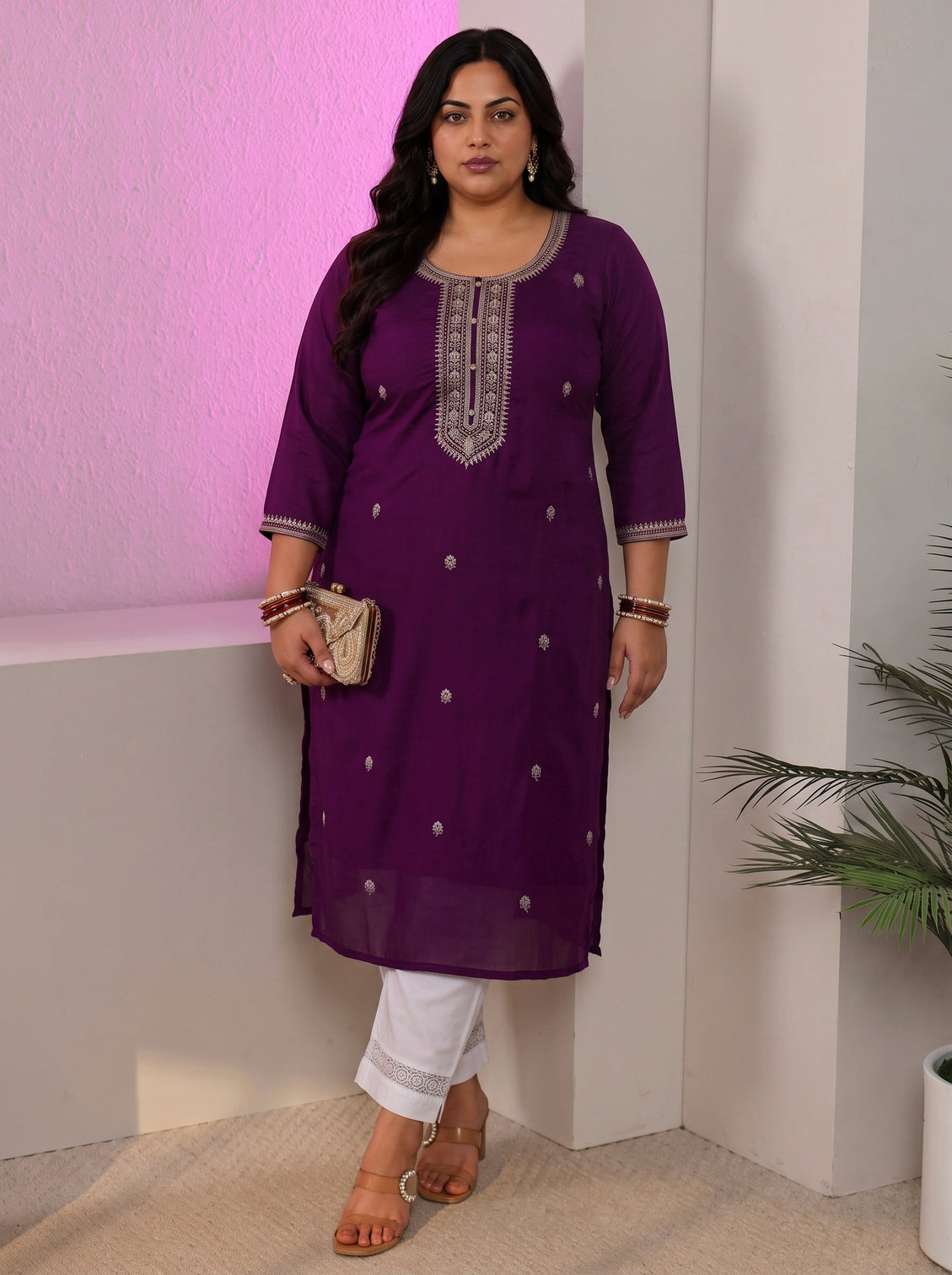 Plus Size Aubergine Purple Floral Embroidered Silk Blend Straight Kurta