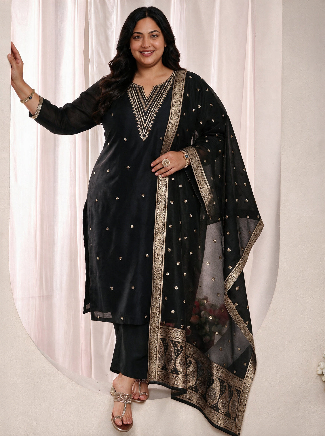 Plus Size Black Embroidered Silk Blend Straight Suit Set With Dupatta