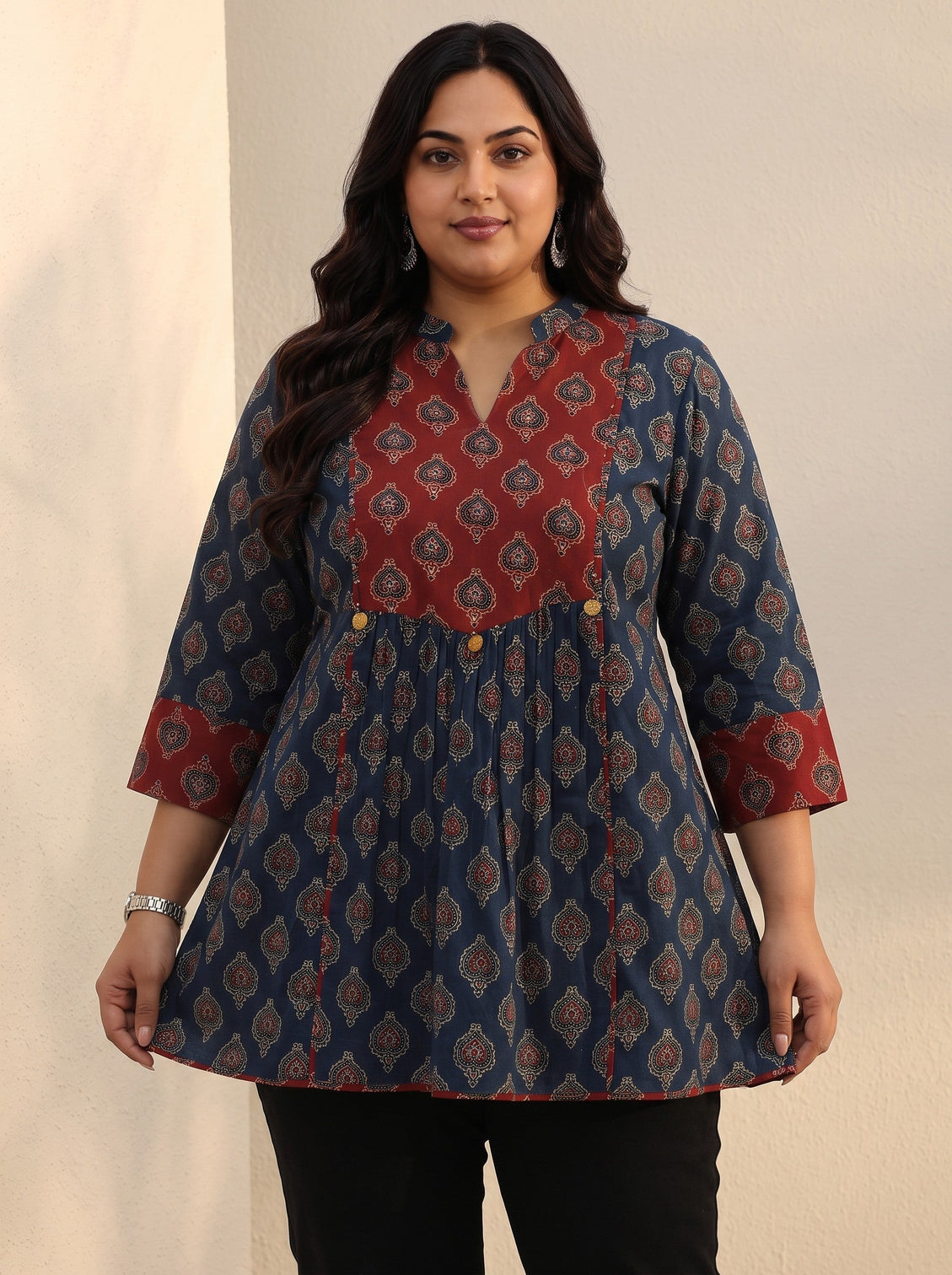 Plus Size Blue Ajarkh Printed Cotton A-Line Short Kurti