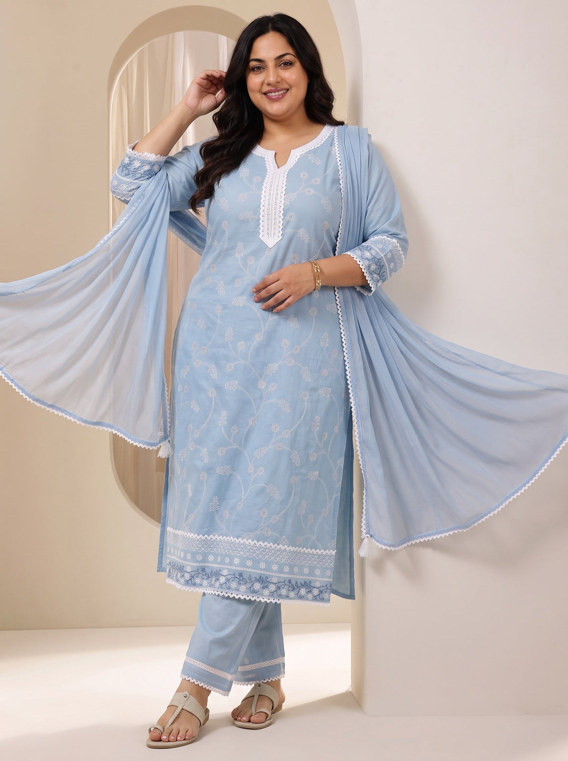 Plus Size Blue Embroidered Cotton Straight Suit Sets With Dupatta