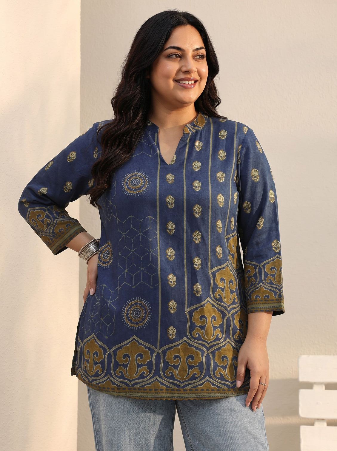 Plus Size Blue Ethnic Printed Silk Blend Straight Short Kurti