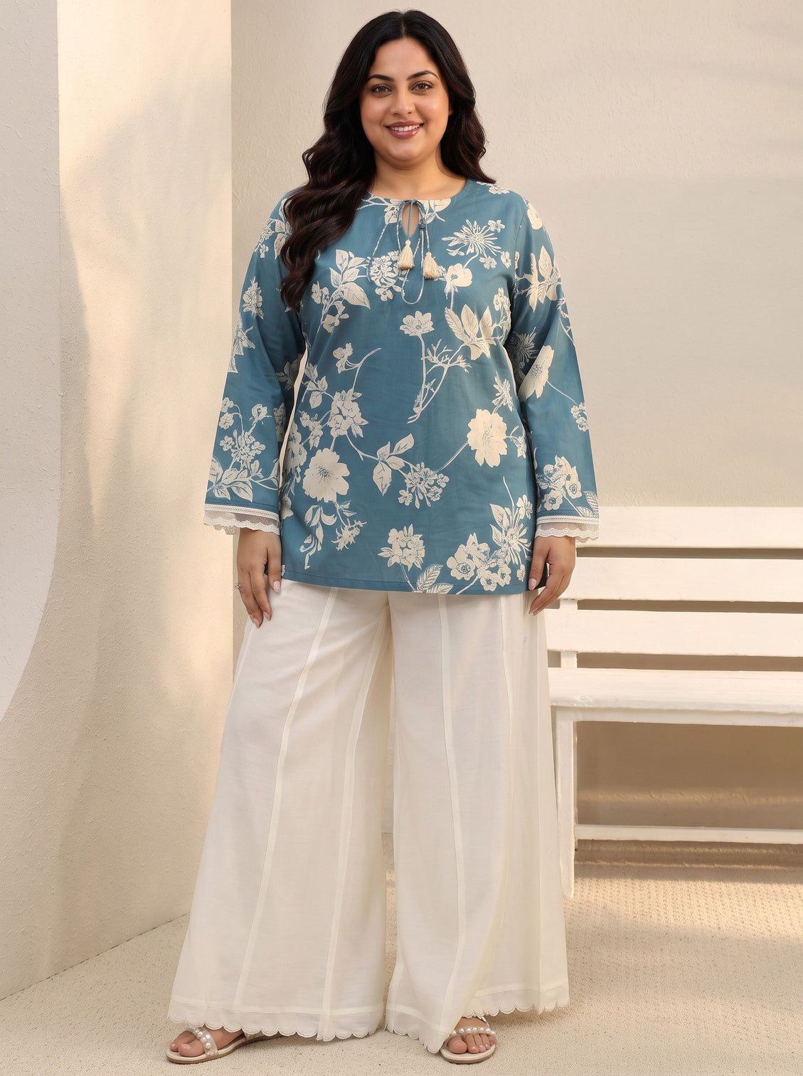 Plus Size Blue Floral Printed Cotton Tie-Up Straight Short Kurti