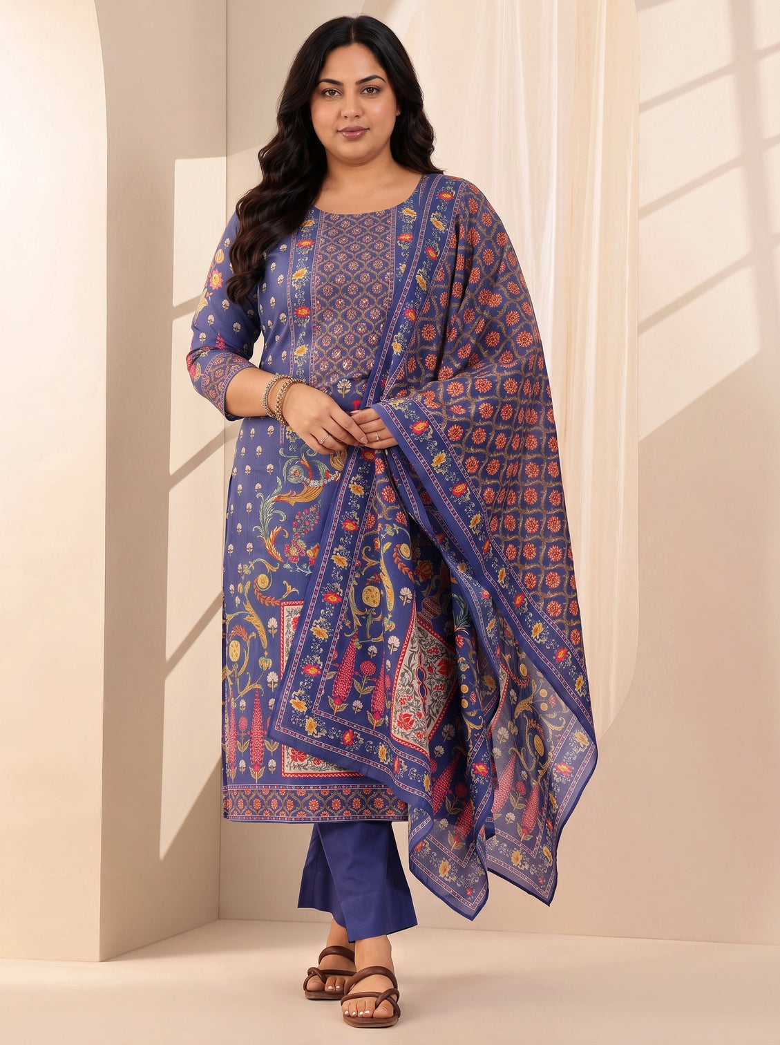 Plus Size Blue Printed Cotton Straight Suit Sets With Dupatta