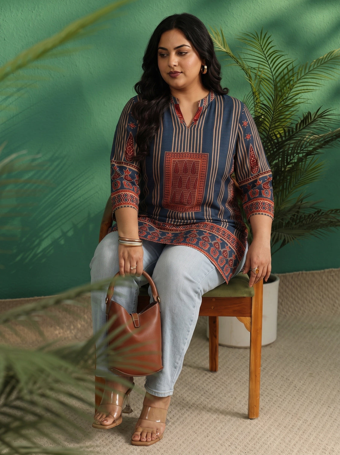 Plus Size Blue Striped Silk Blend Short Kurti
