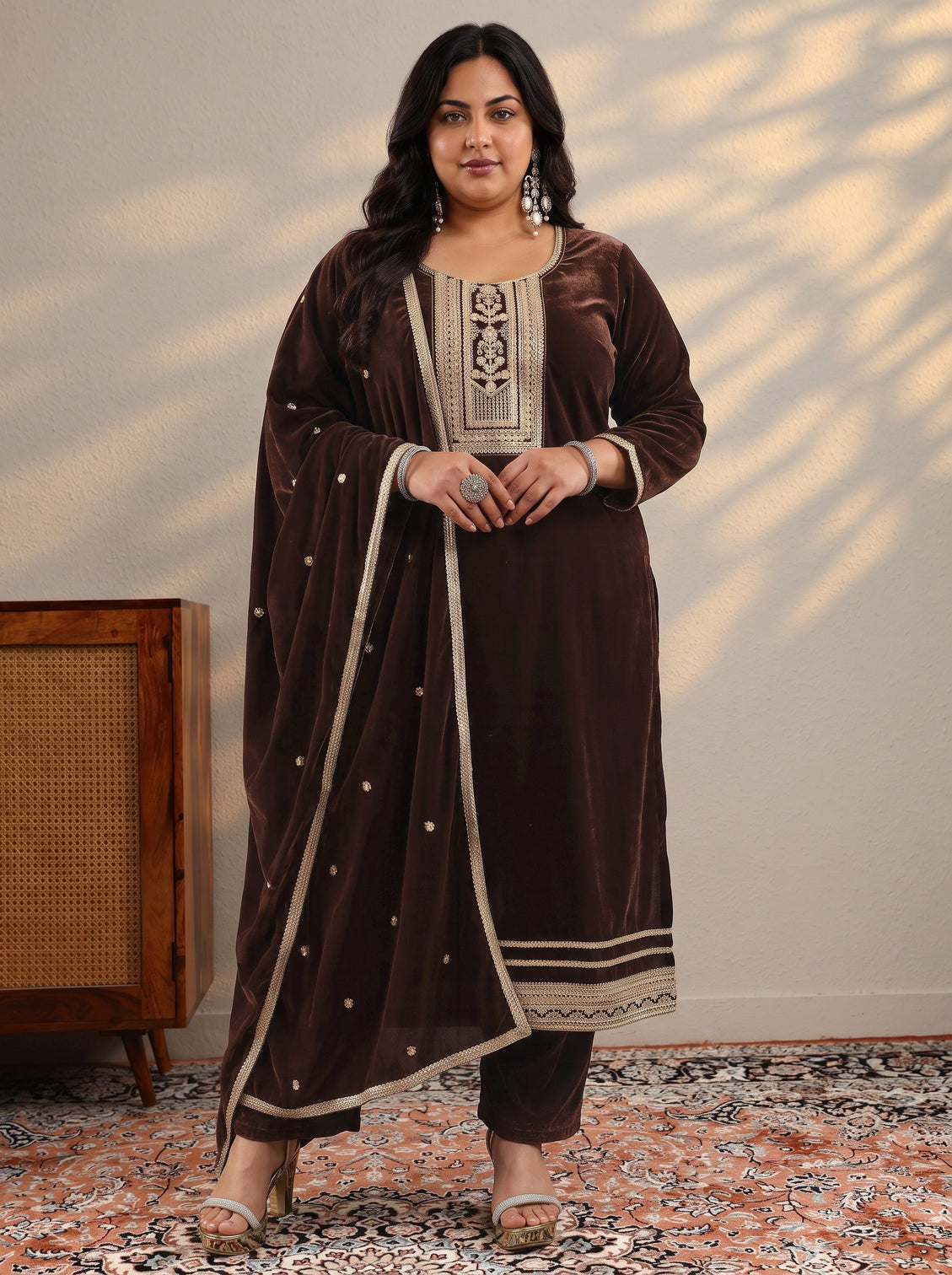 Plus Size Brown Embroidered Velvet A-Line Suit Set With Dupatta