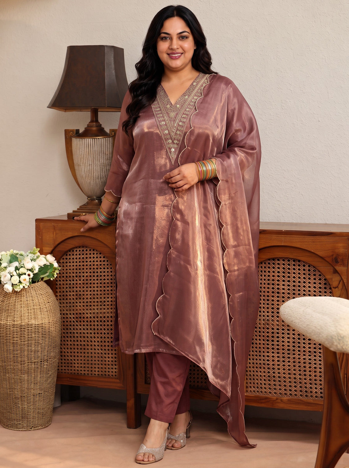 Plus Size Brown Yoke Design Tissue Straight Suit Set