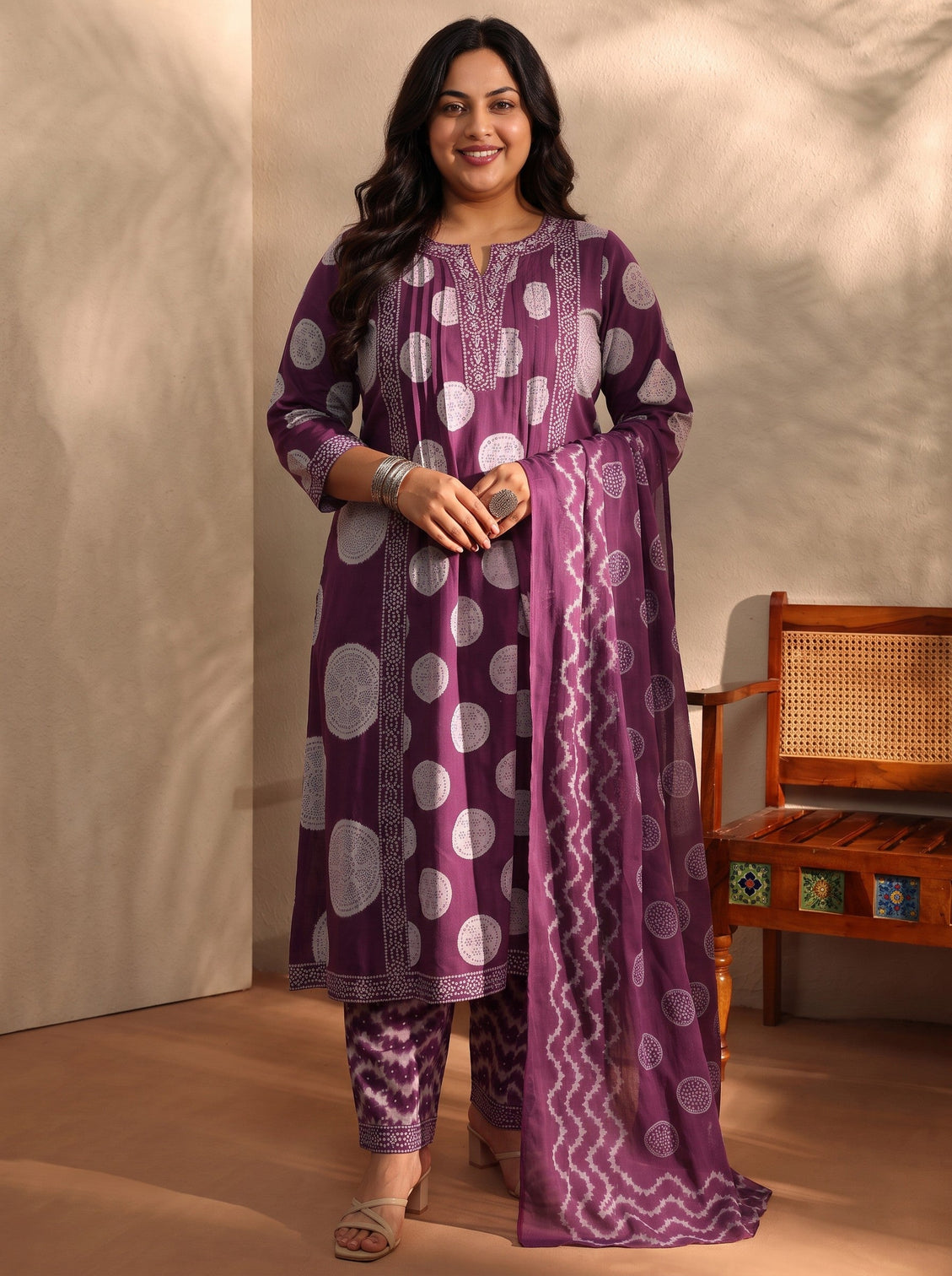 Plus Size Burgundy Bandhani Printed Cotton Blend A-Line Suit Set With Dupatta