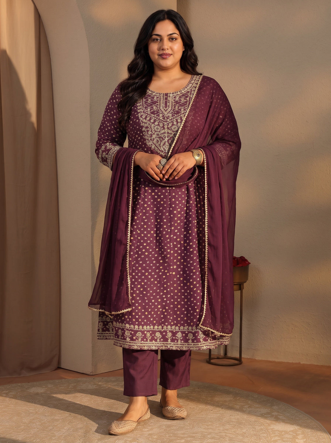 Plus Size Burgundy Bandhani Printed Silk Blend A-Line Suit Set With Dupatta