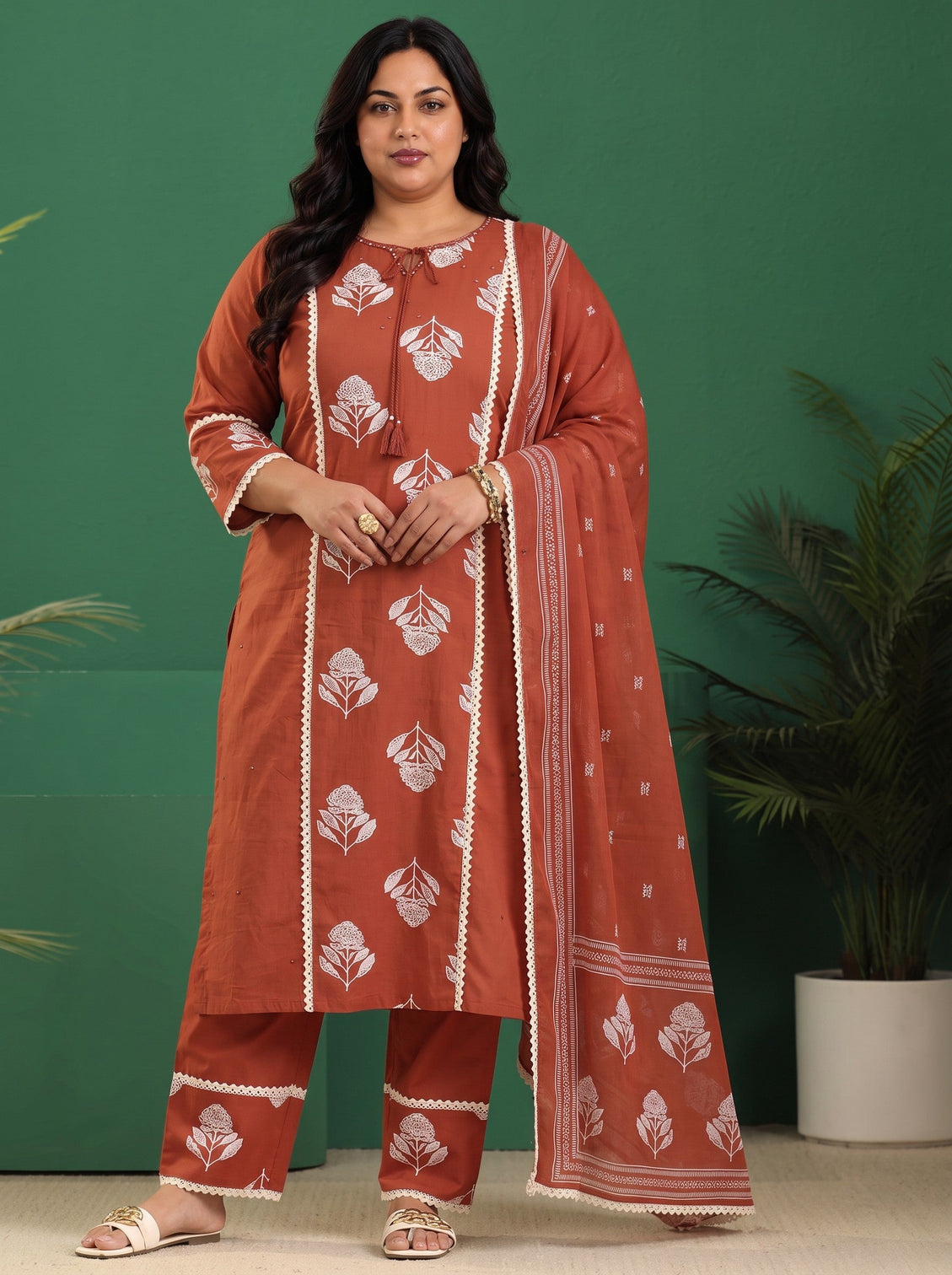 Plus Size Burnt Orange Floral Printed Cotton Straight Suit Set
