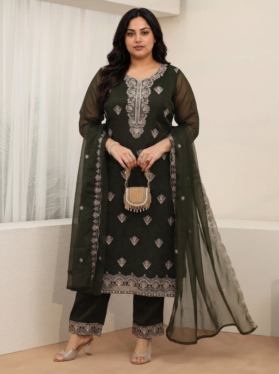 Plus Size Dark Green Embroidered Chinon Straight Suit Set