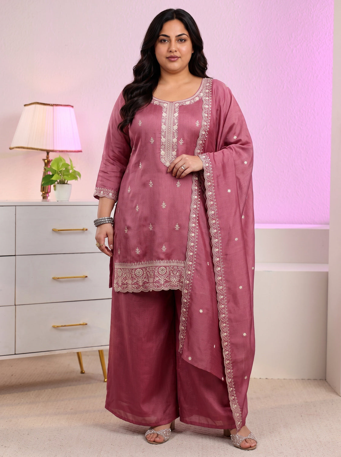 Plus Size Dusty Rose Pink Floral Embroidered Silk Blend Palazzo Suit Set