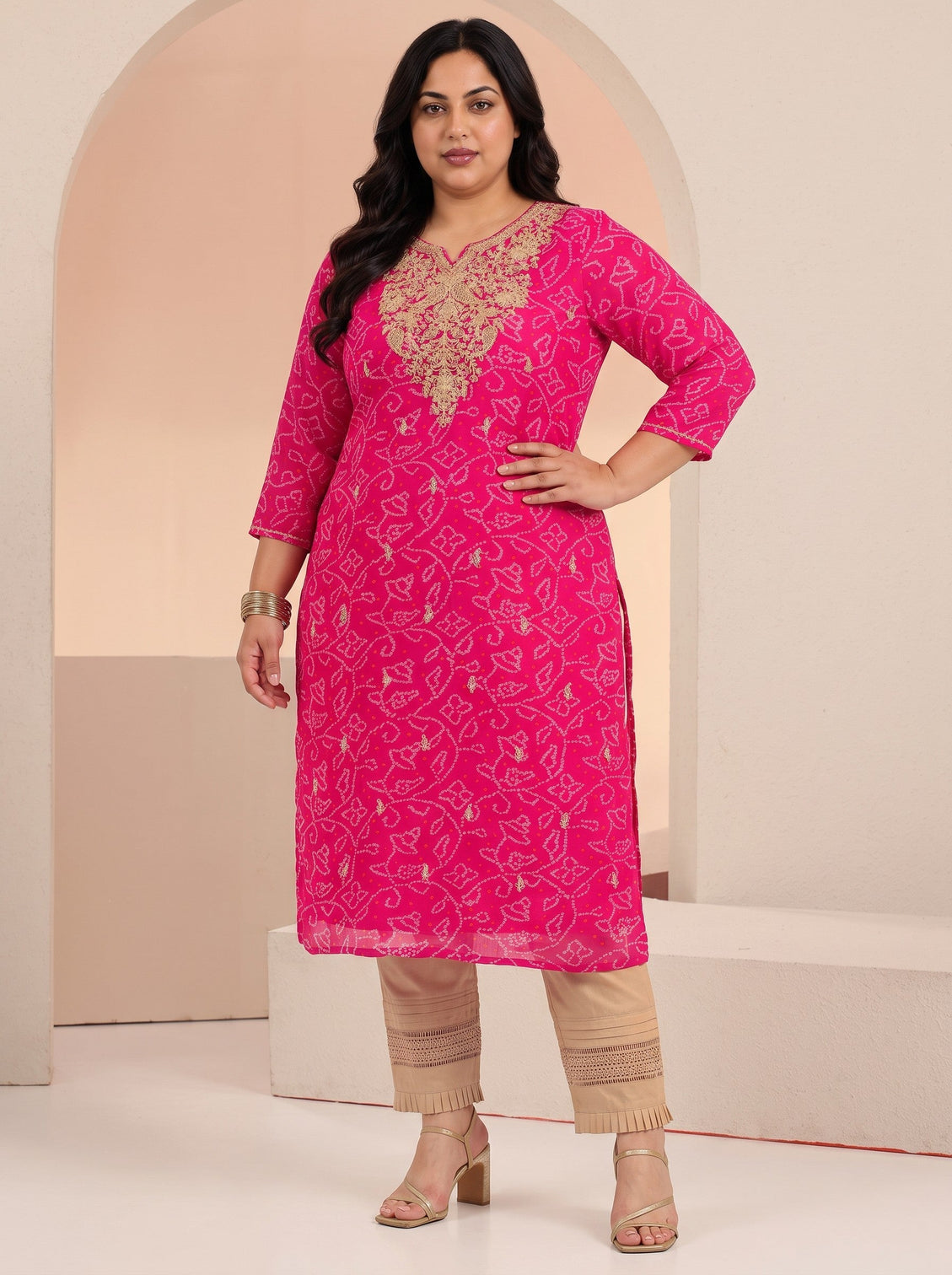 Plus Size Fuchsia Pink Bandhani Printed Chiffon Straight Kurta