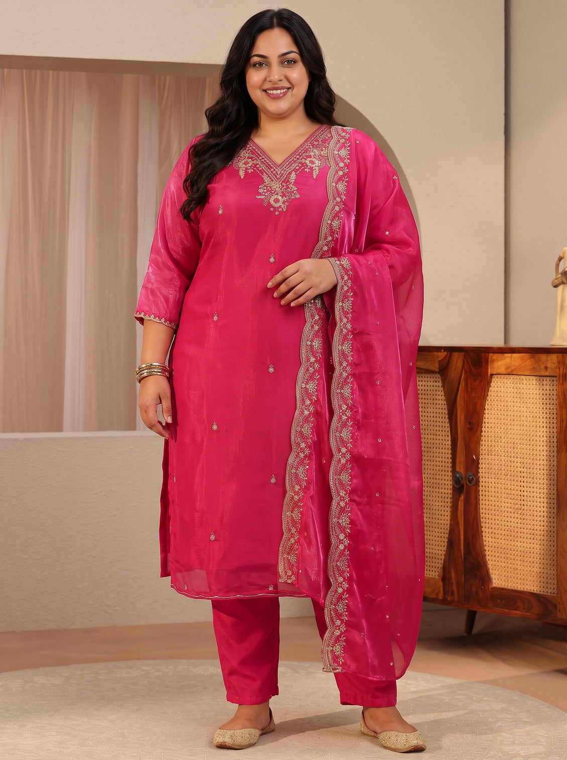 Plus Size Fuchsia Pink Floral Embroidered Tissue Straight Suit Set