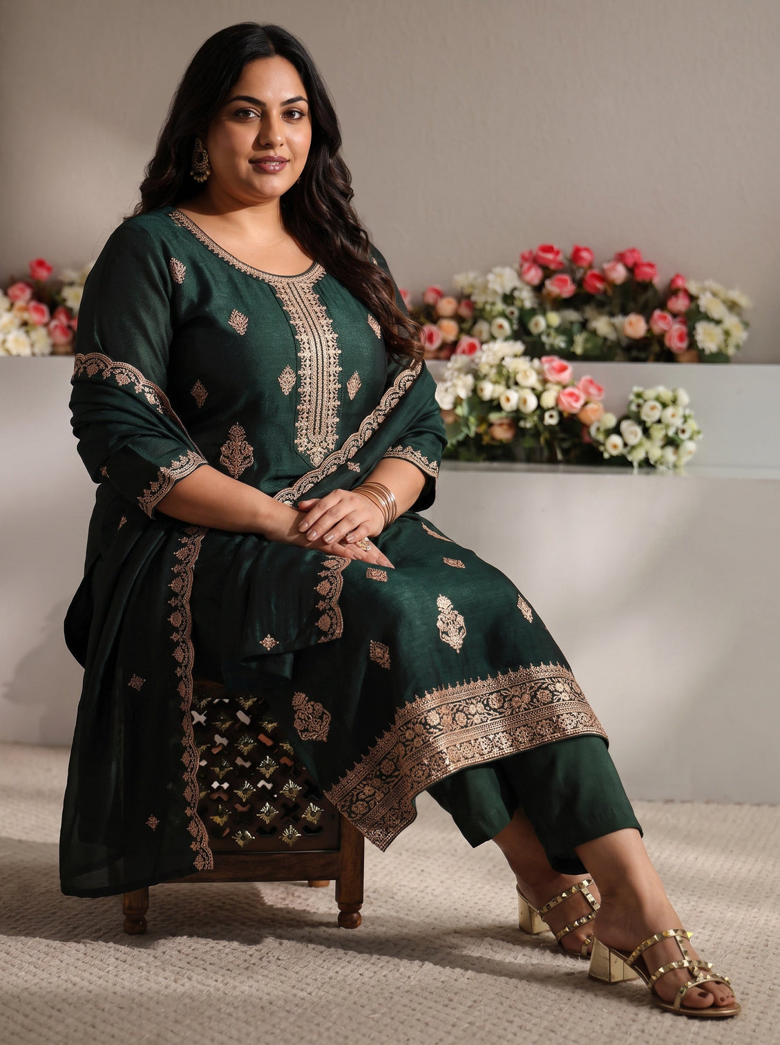 Plus Size Green Embroidered Silk Blend Straight Suit Set With Dupatta