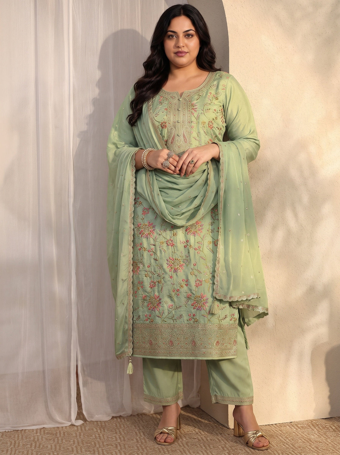 Plus Size Green Embroidered Silk blend Straight Suit Set With Dupatta