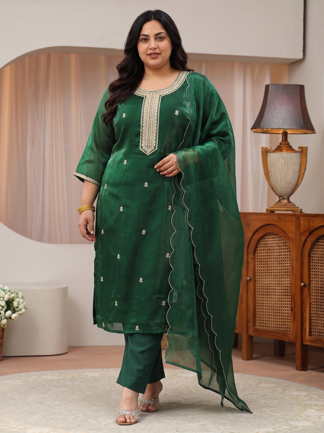 Plus Size Green Ethnic Embroidered Tissue Straight Suit Set