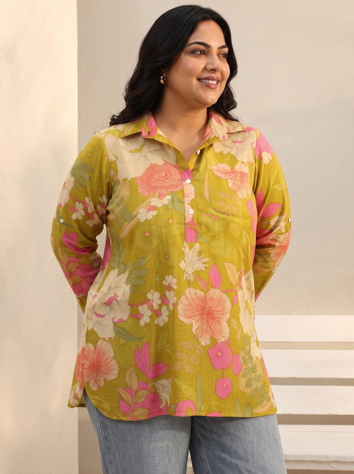 Plus Size Green Floral Printed Silk Blend Tunic