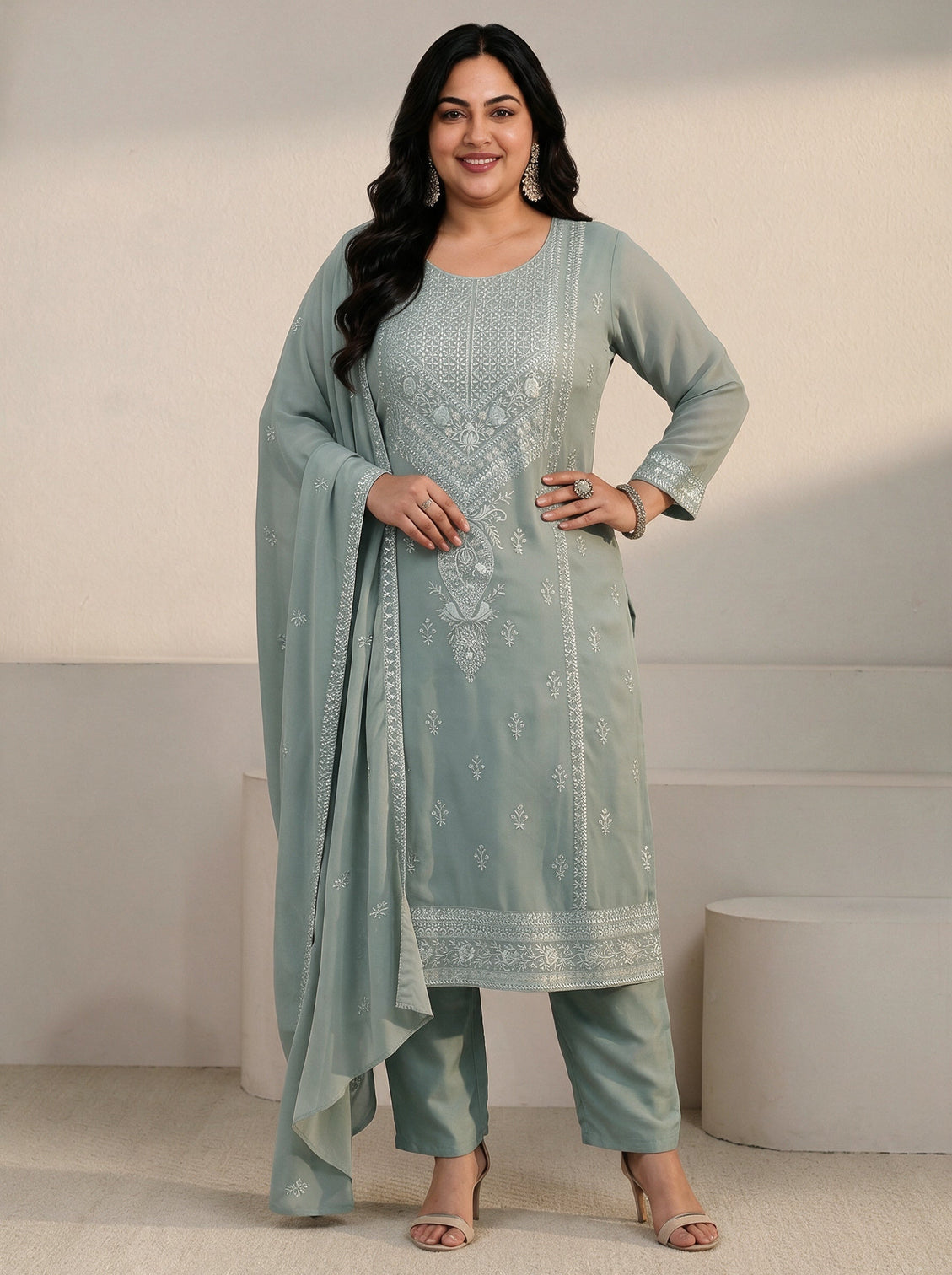 Plus Size Grey Floral Embroidered Georgette Straight Suit Set