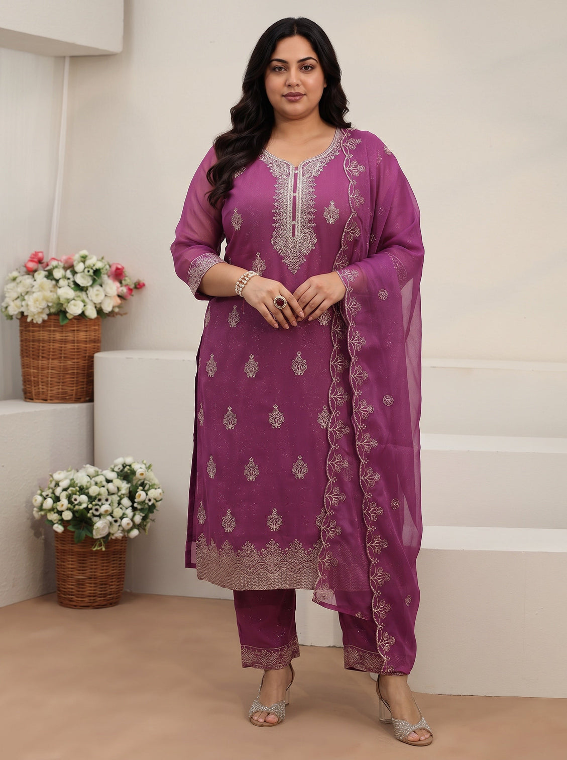 Plus Size Lavender Embroidered Chinon Straight Suit Set