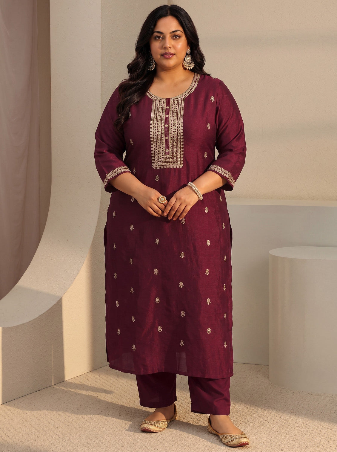 Plus Size Maroon Ethnic Embroidered Silk Blend Straight Kurta