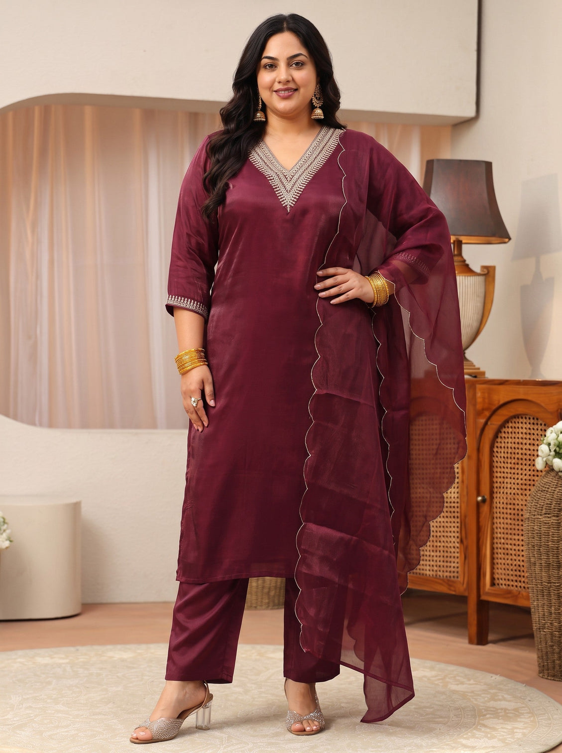 Plus Size Maroon Yoke Design Tissue Straight Suit Set