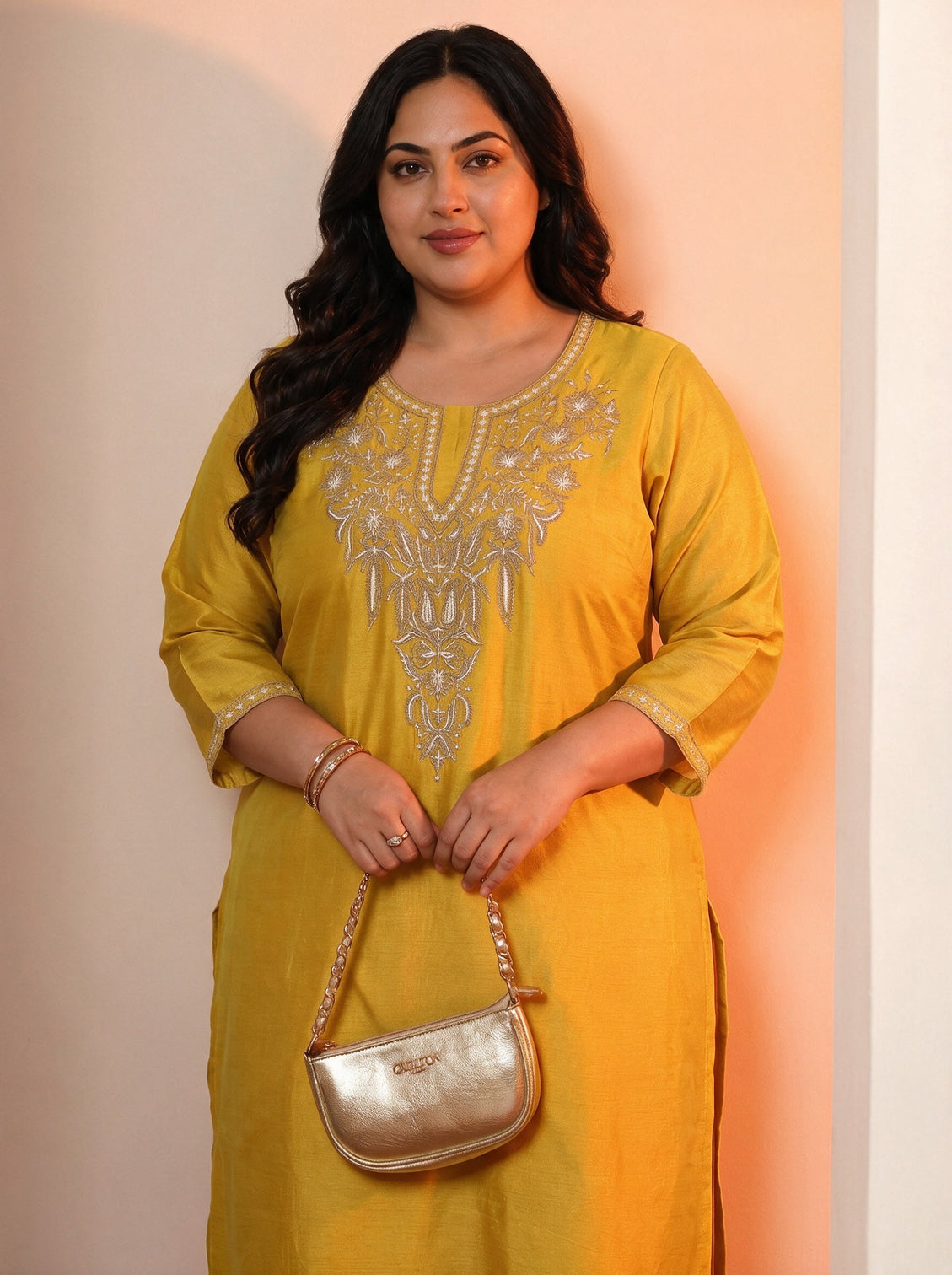 Plus Size Mustard Embroidered Silk Blend Straight Kurta