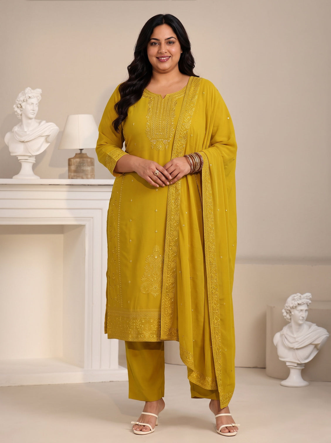 Plus Size Mustard Floral Embroidered Georgette Straight Suit Set