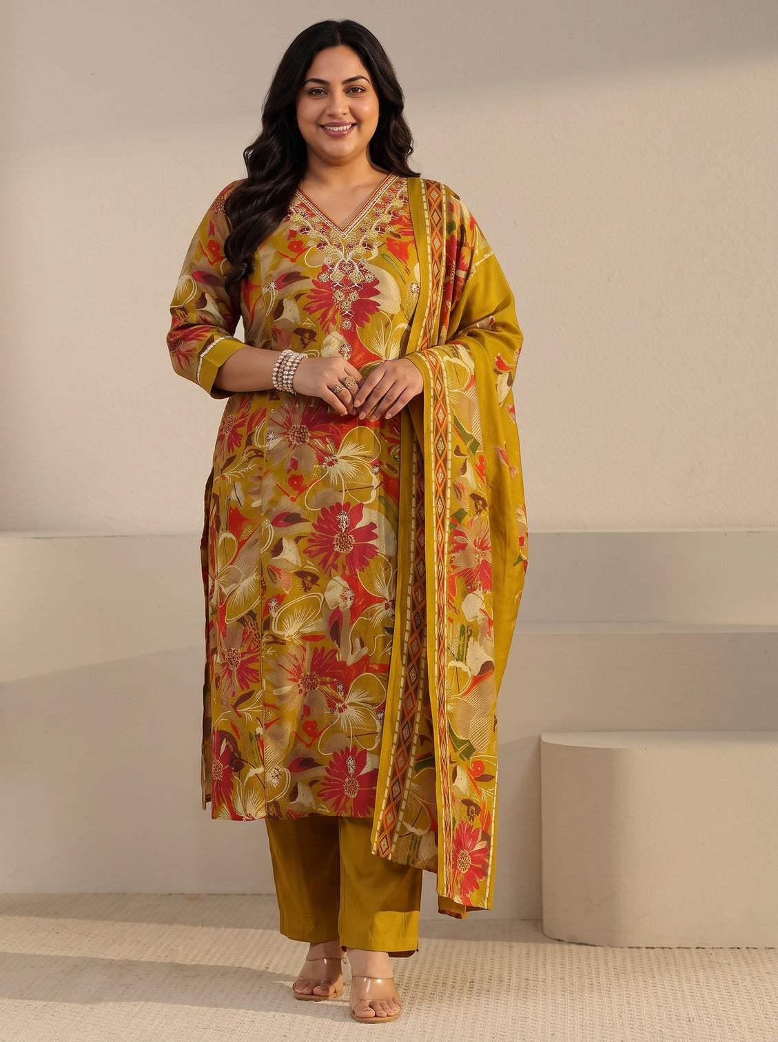 Plus Size Mustard Floral Printed Cotton Blend Straight Suit Set