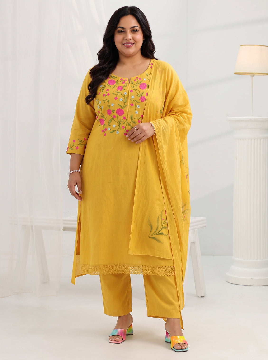 Plus Size Mustard Yoke Design Cotton Straight Suit Set With Dupatta