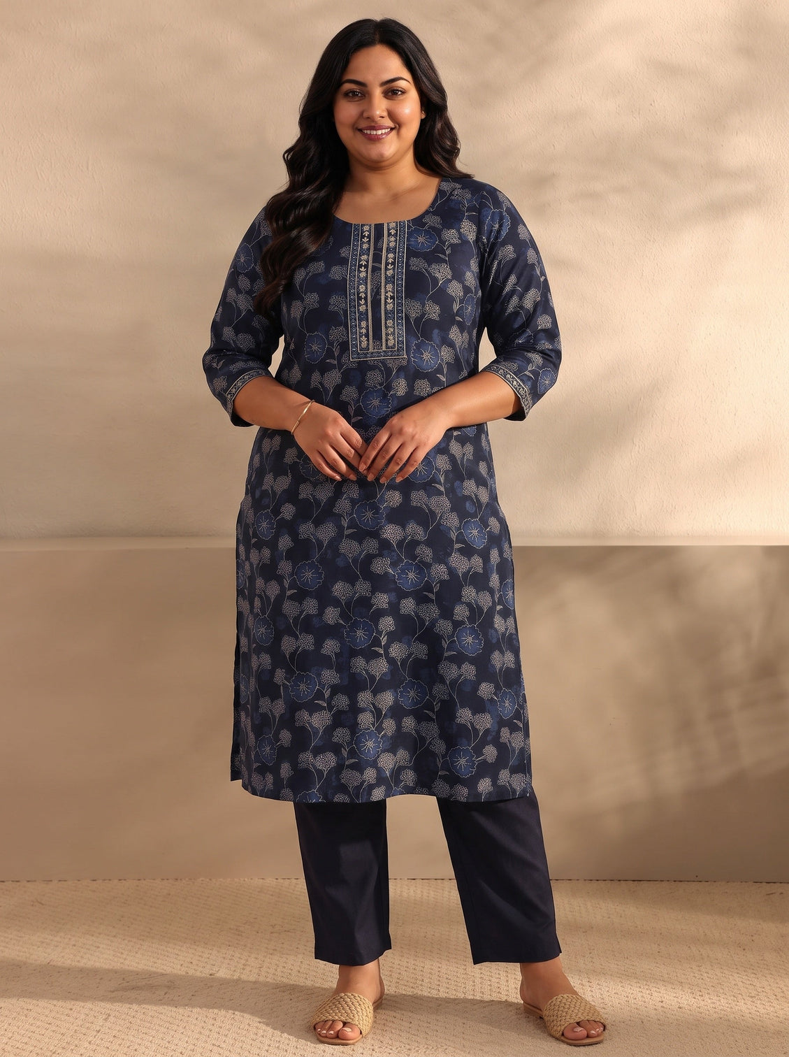 Plus Size Navy Blue Floral Printed Silk Blend Straight Kurta Set