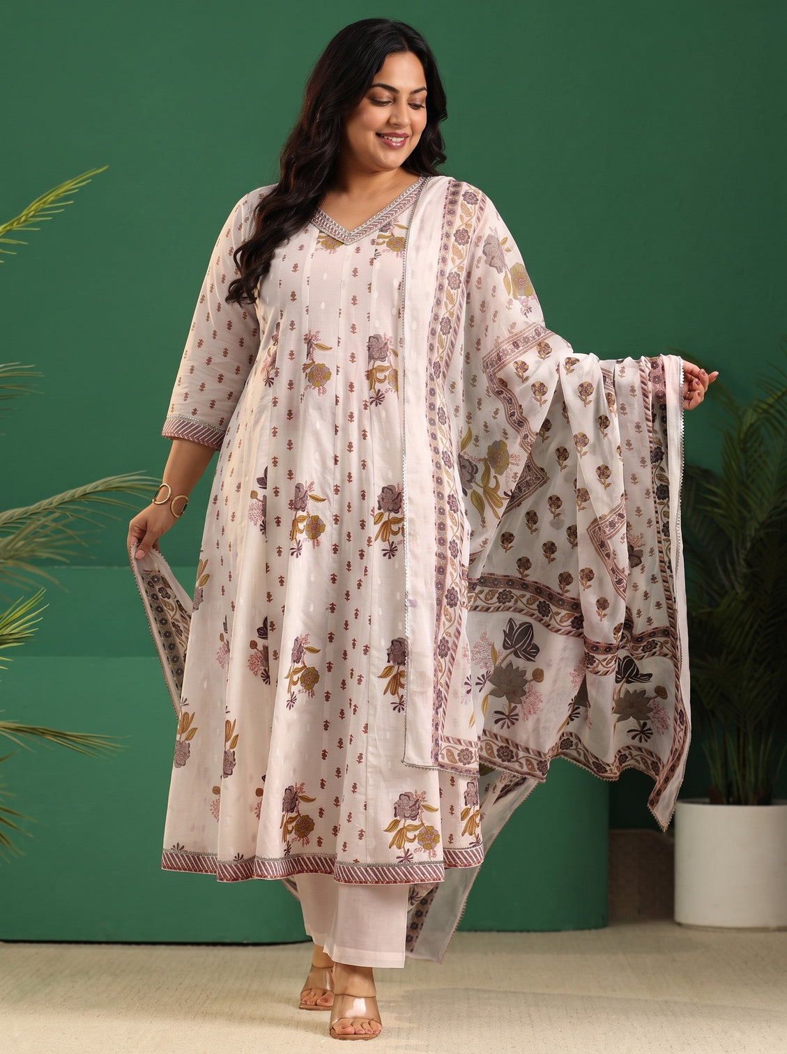 Plus Size Off White Floral Printed Cotton Anarkali Suit Set