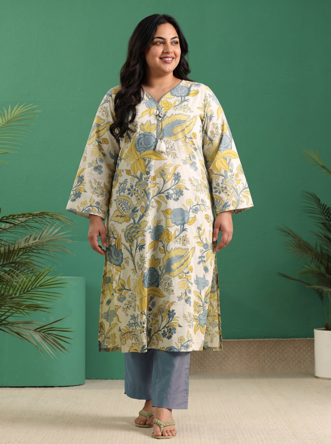 Plus Size Off White Floral Printed Cotton Straight Kurta
