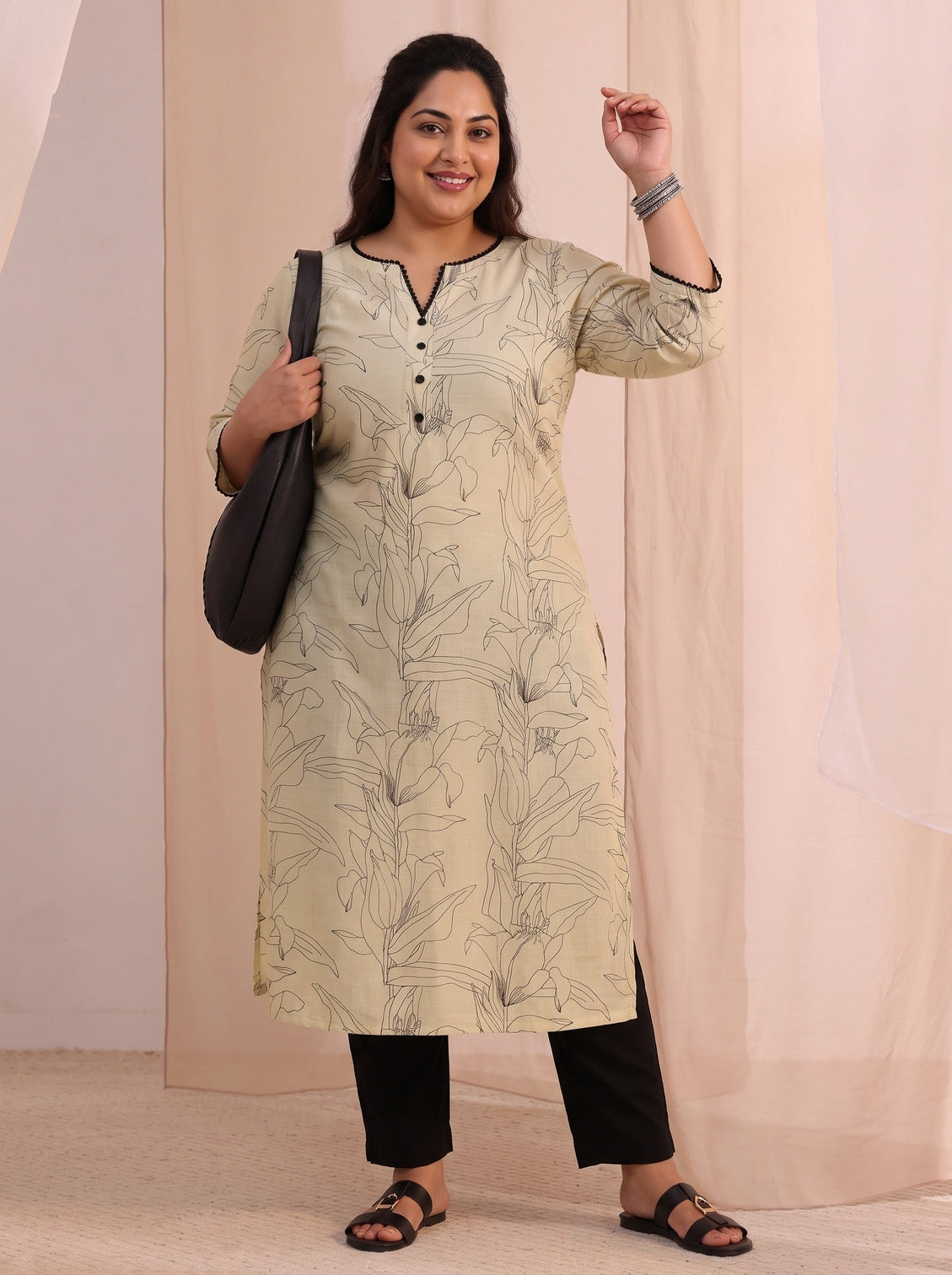 Plus Size Off White Floral Printed Silk Blend Straight Kurta