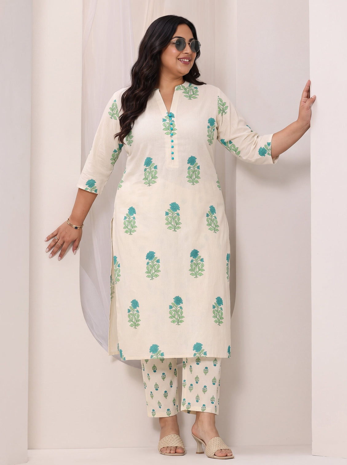 Plus Size Off white Printed Cotton Straight Kurta Set