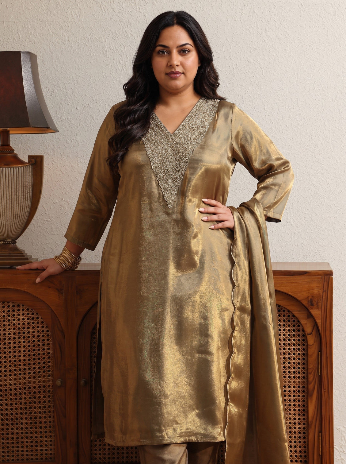 Plus Size Olive Green Yoke Design Tissue Straight Suit Set