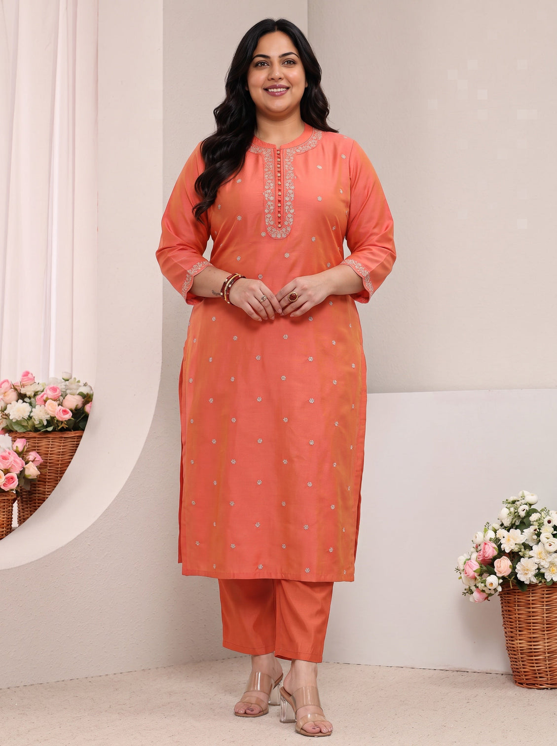 Plus Size Orange Embellished Silk Blend Straight Kurta