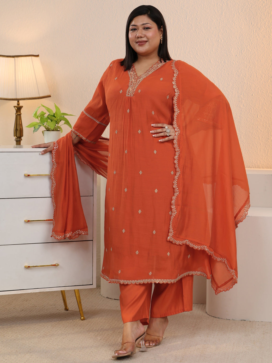 Plus Size Orange Embroidered Chanderi Cotton A-Line Suit Set