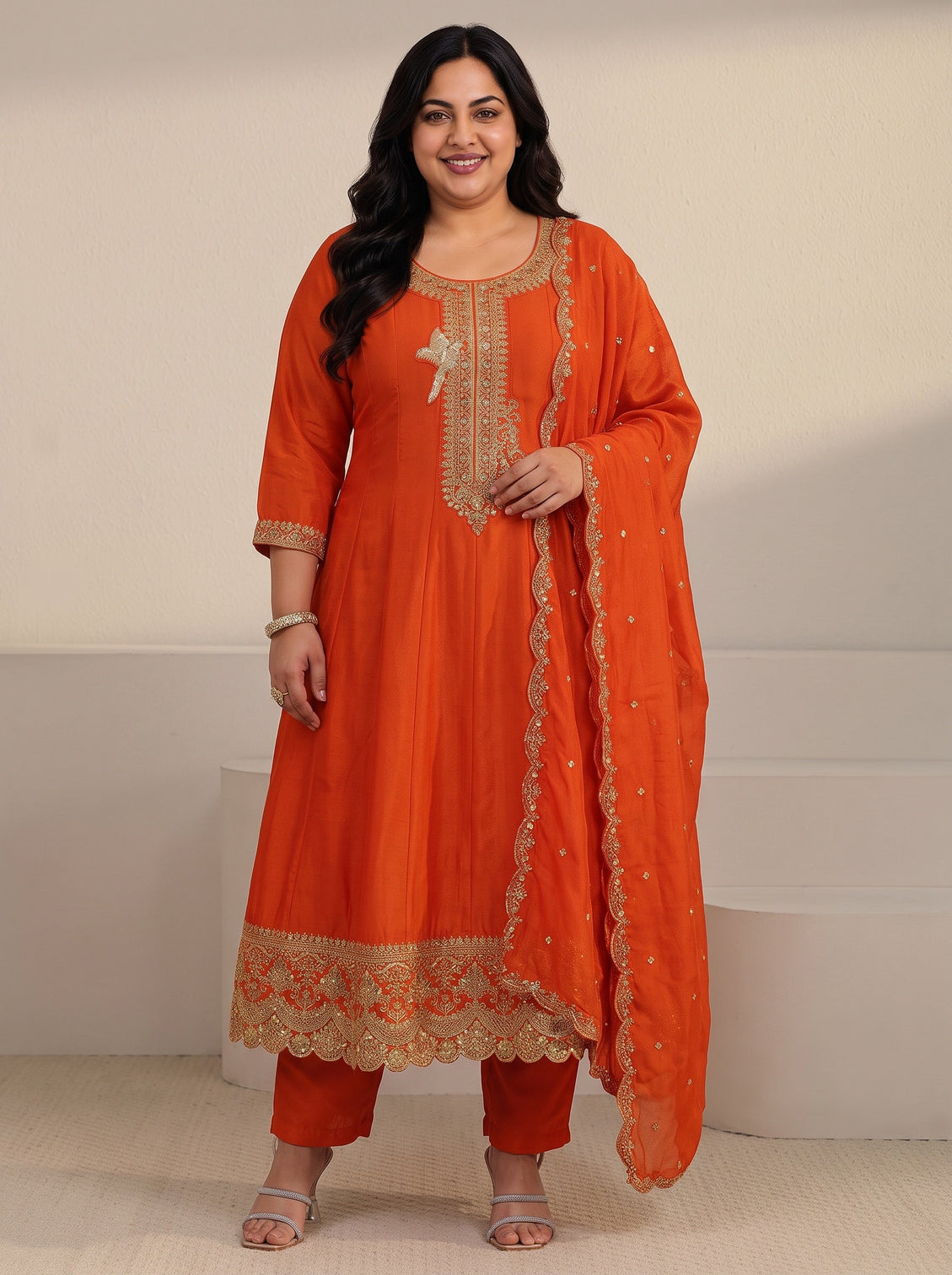 Plus Size Orange Yoke Embroidered Silk Blend Anarkali Suit Set