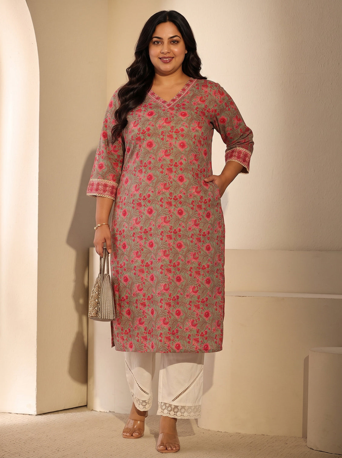 Plus Size Pastel Green Floral Printed Cotton Straight Kurta