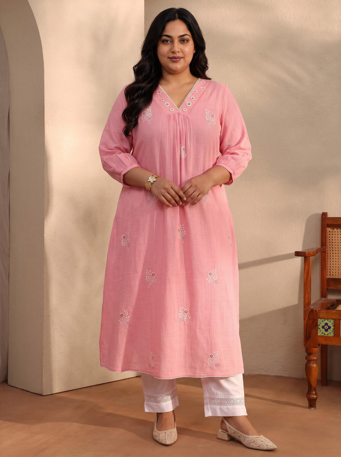 Plus Size Peach Embroidered Cotton A-Line Kurta