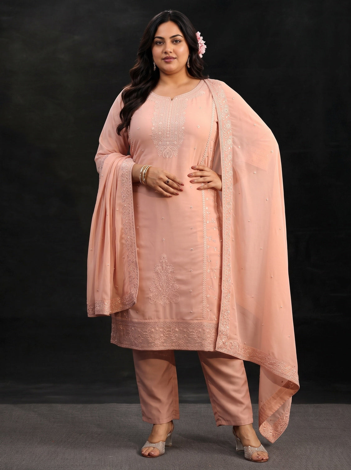 Plus Size Peach Embroidered Georgette Straight Suit Set