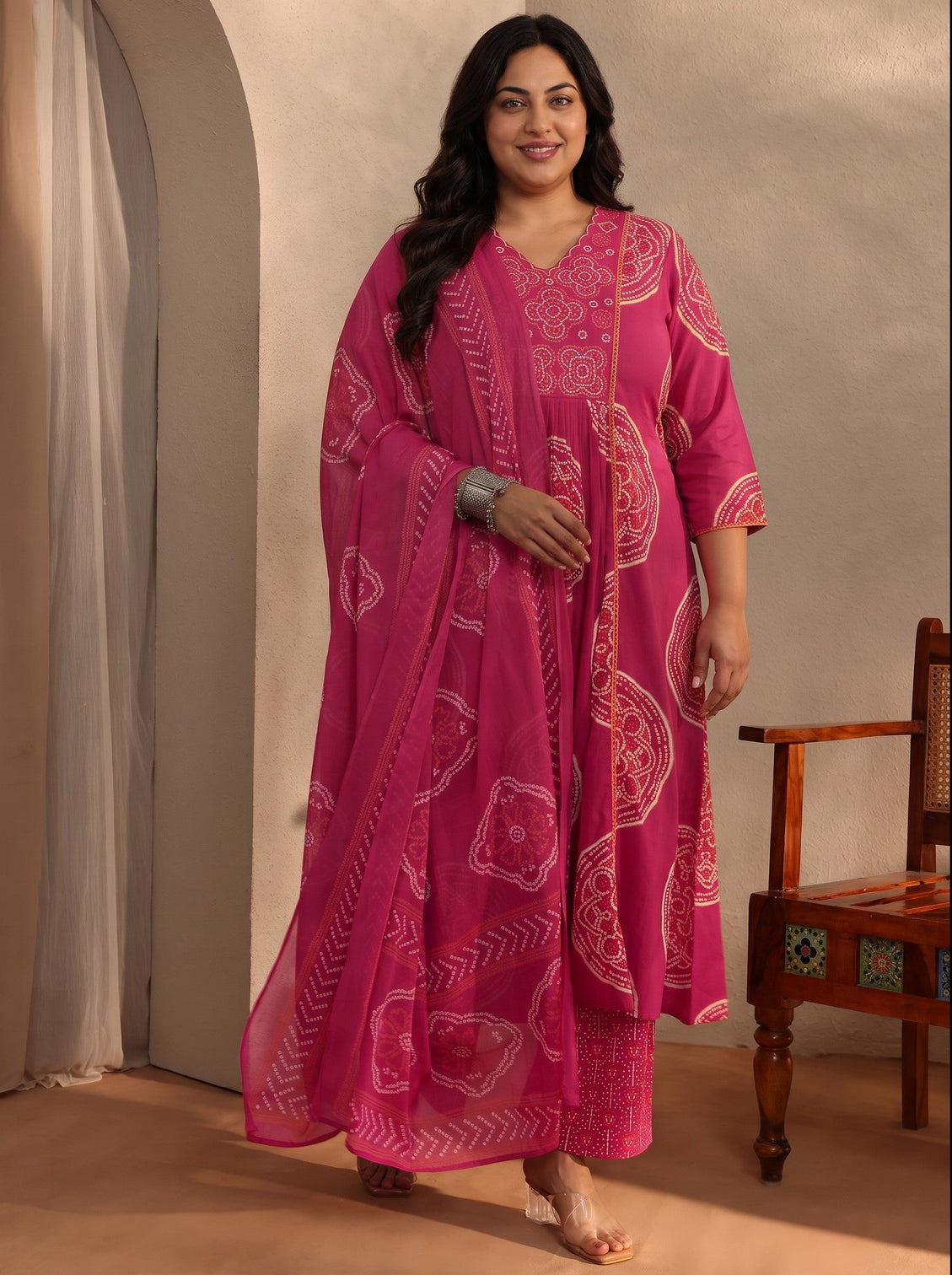Plus Size Pink Bandhani Printed Cotton Blend A-Line Suit Set With Dupatta