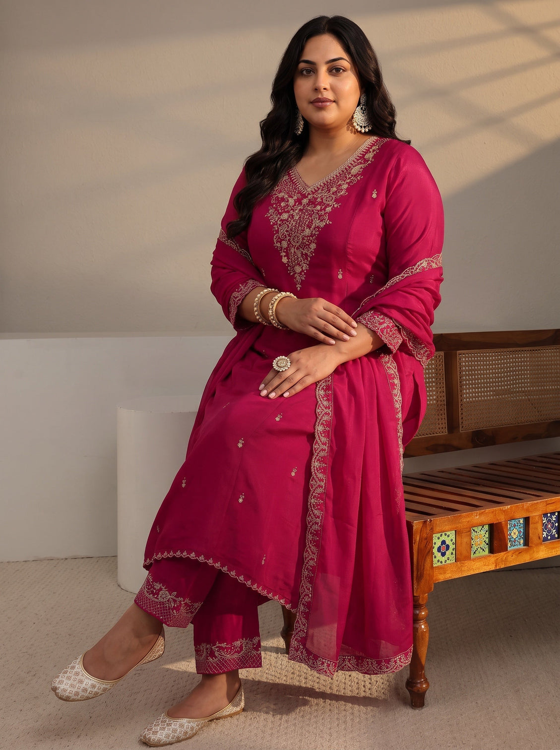 Plus Size Pink Embroidered Chanderi Silk A-Line Suit Set With Dupatta