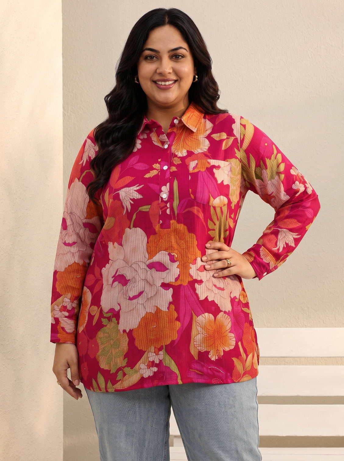 Plus Size Pink Floral Printed Silk Blend Tunic