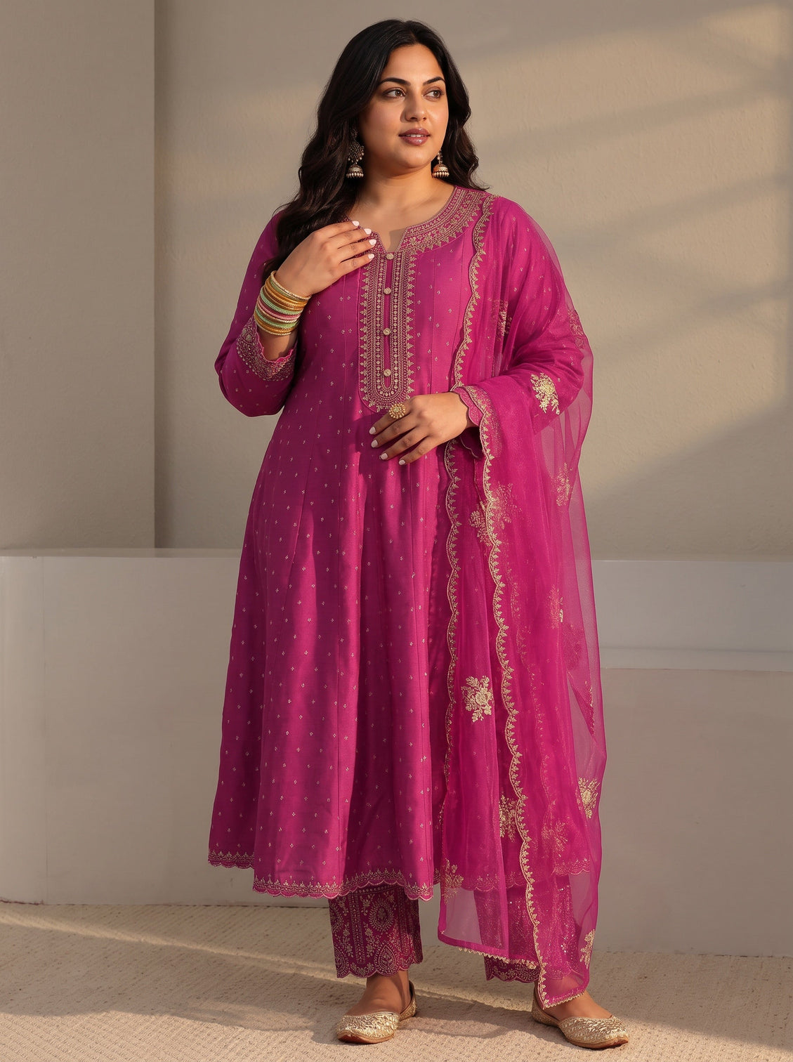 Plus Size Pink Woven Design Silk Blend A-Line Suit Set With Dupatta