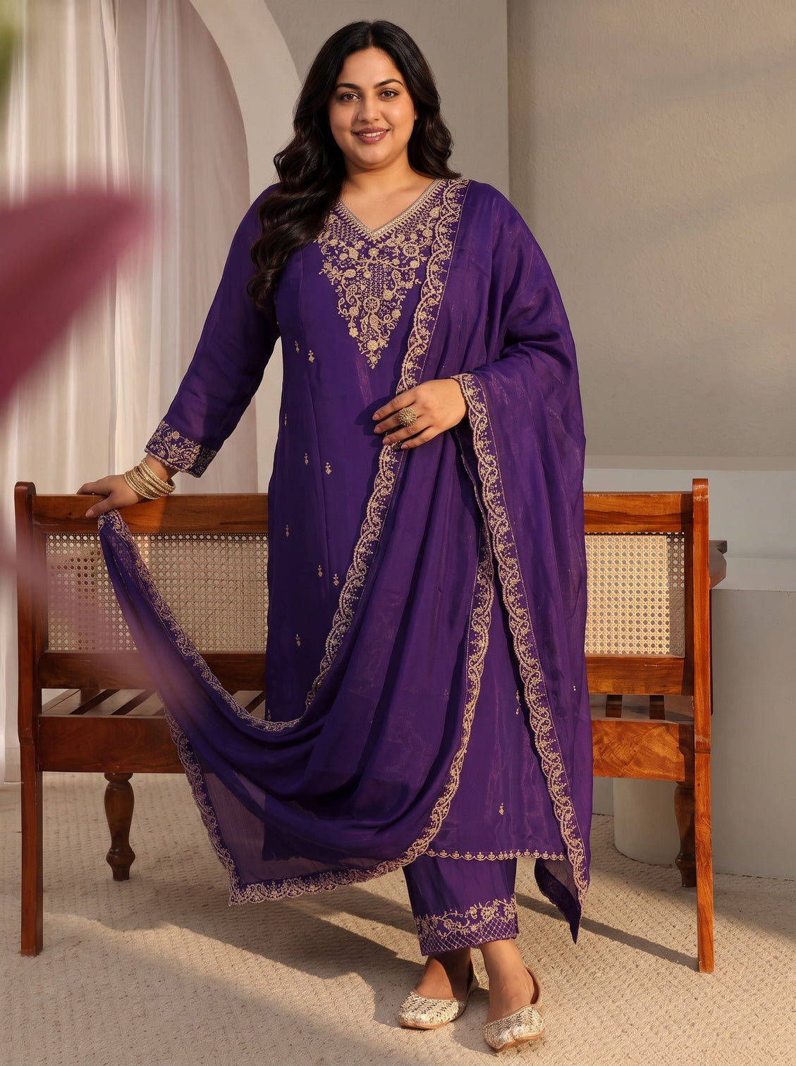 Plus Size Purple Embroidered Chanderi Silk A-Line Suit Set With Dupatta