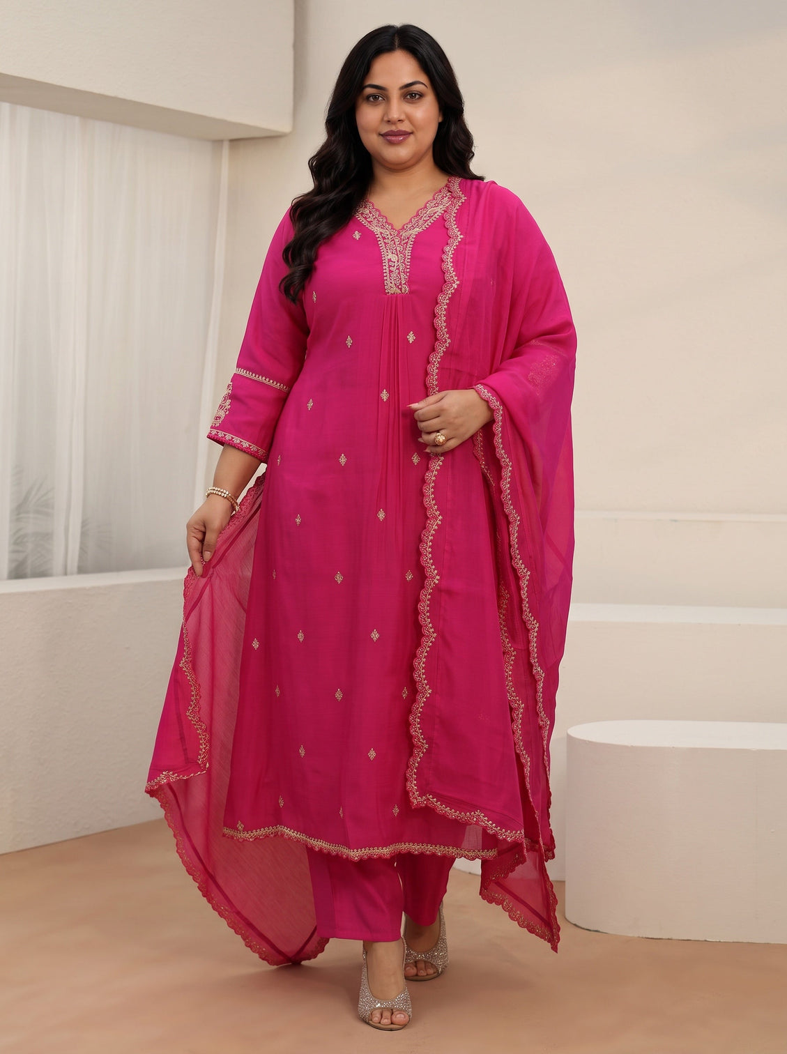 Plus Size Rani Pink Embroidered Chanderi Cotton A-Line Suit Set