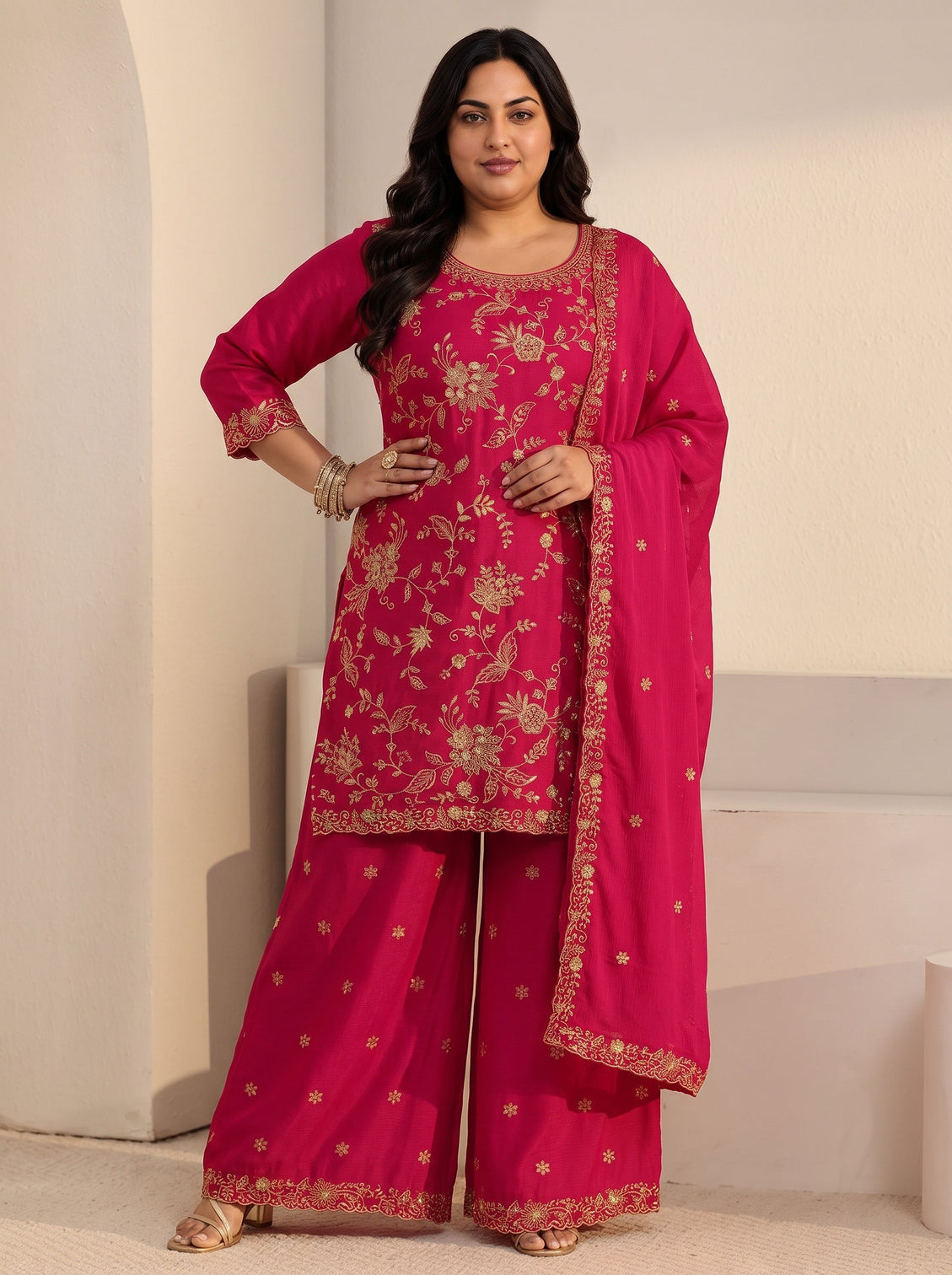 Plus Size Rani Pink Floral Embroidered Chinon Palazzo Suit Set