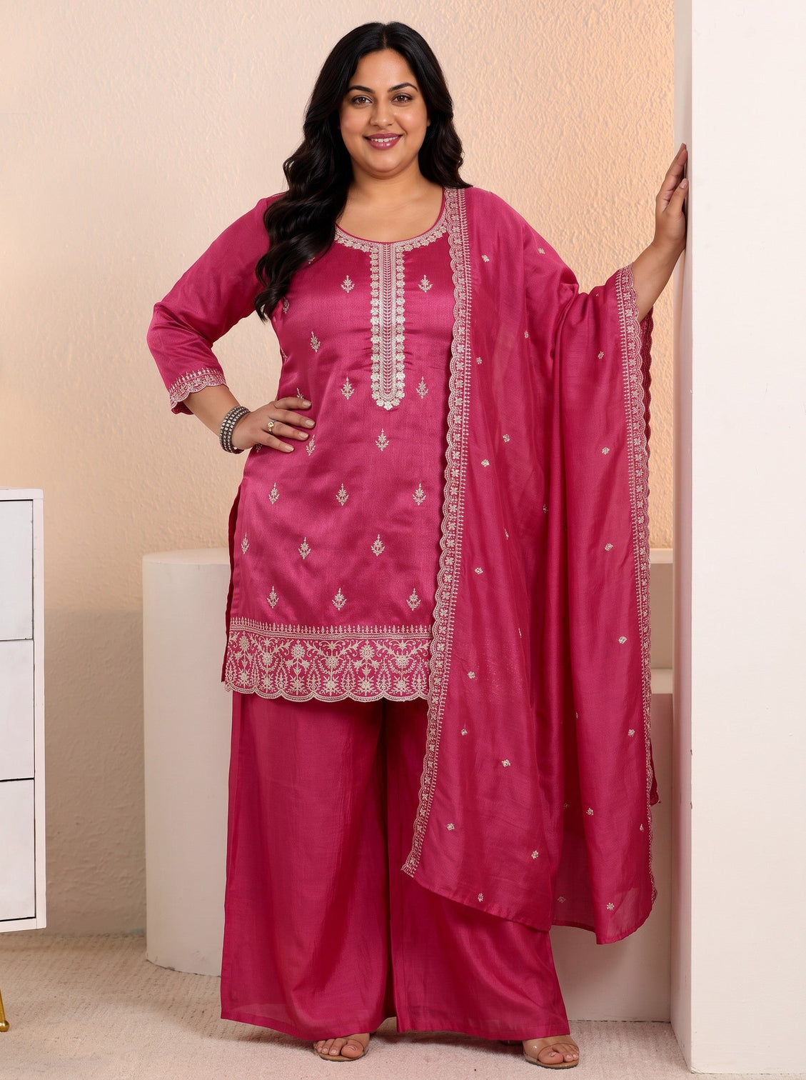 Plus Size Rani Pink Floral Embroidered Silk Blend Palazzo Suit Set